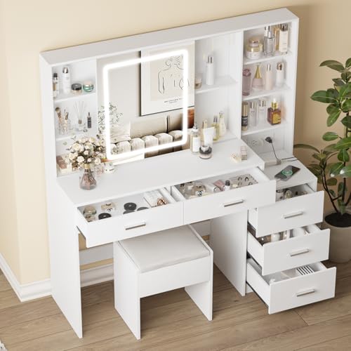 White Vanity Desk with Mirror and Lights 5 Drawers with Chair T159296