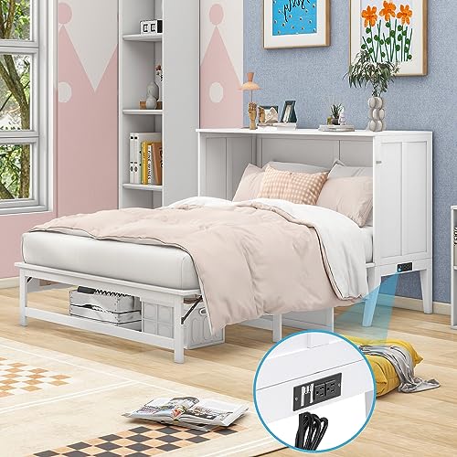White Queen Size Wood Murphy Bed with Bookcase H73978