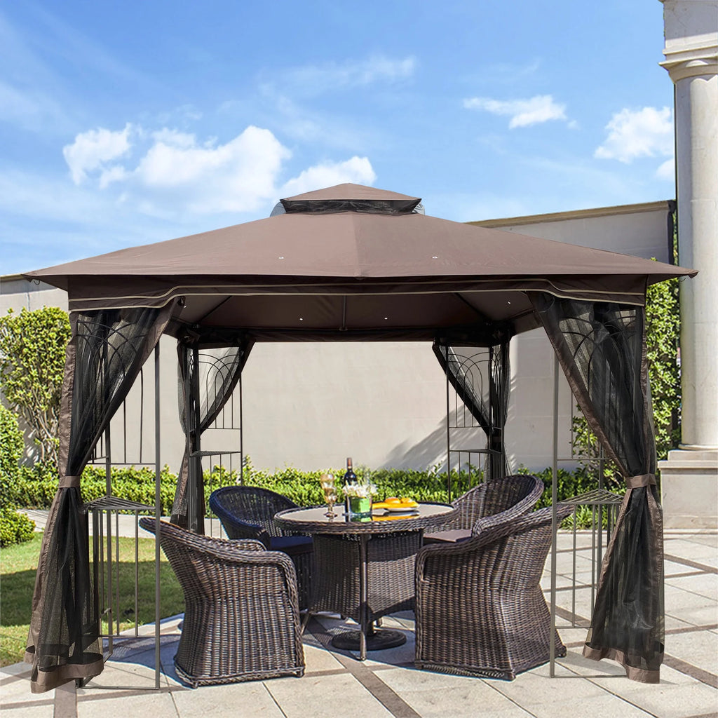 10x10 Outdoor Patio Gazebo Canopy Tent With Ventilated Double Roof And Mosquito Net, Brown Z359585