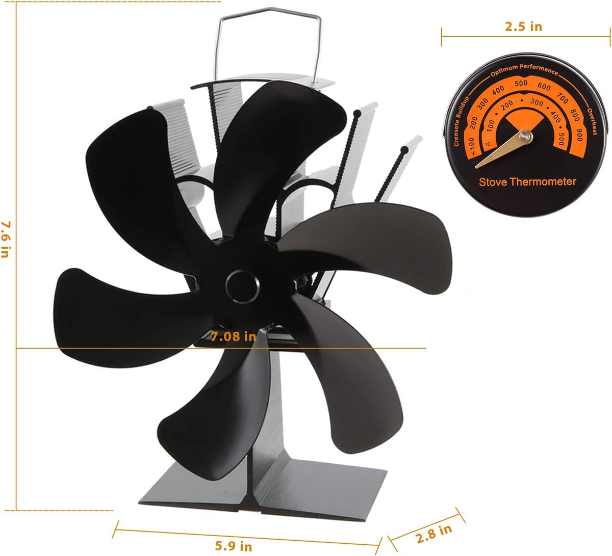 6 Blades Heat Powered Stove Fan with Magnetic Thermometer Pack of 2 N10971