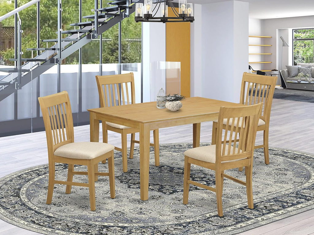 5 Pc Oak Finish Dining Set with Linen Fabric Chairs P484275