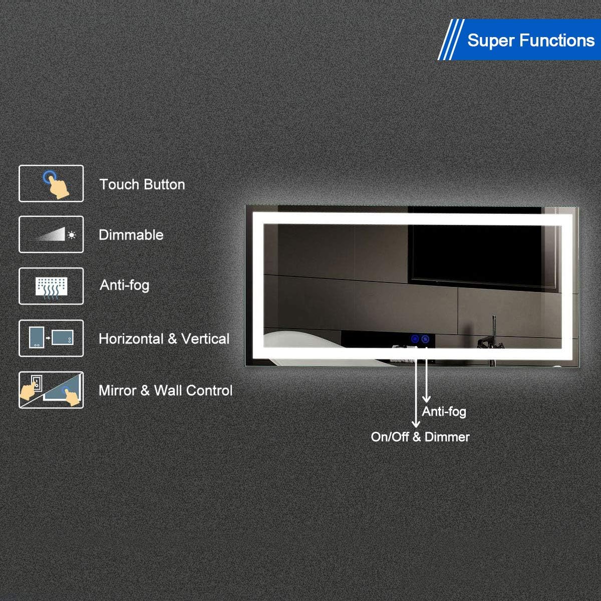 Dimmable Anti-Fog LED Bathroom Mirror with Bluetooth Function, Wall Mounted A688