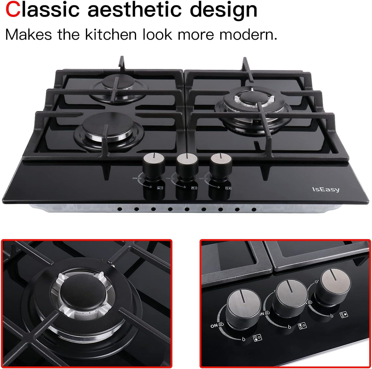 24 Inch Built-in Gas Cooktop, 3 Burner, Black Tempered Glass B27687