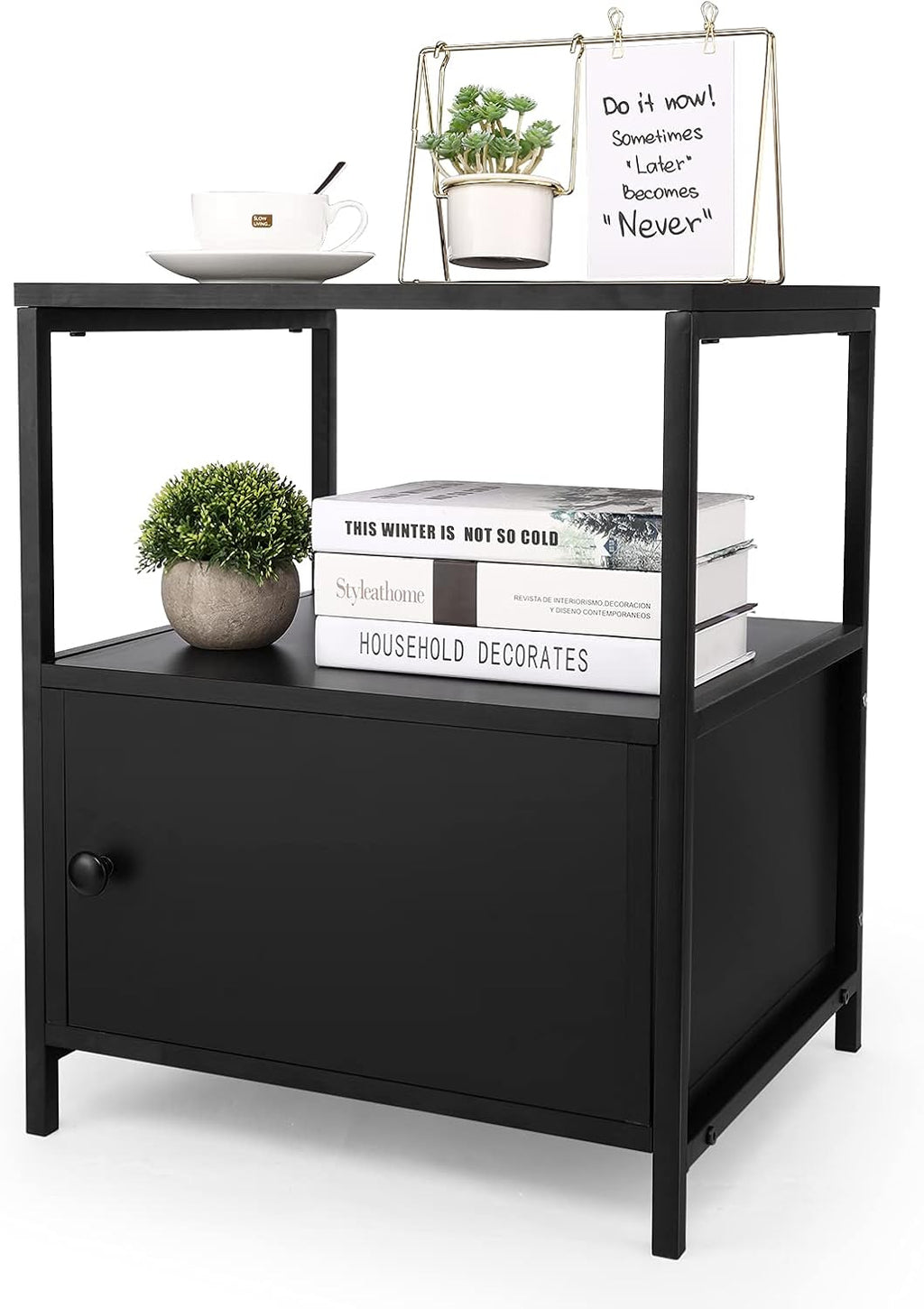 Rustic Brown 3-Tier Nightstand with Steel Frame and Cabinet Door U10771