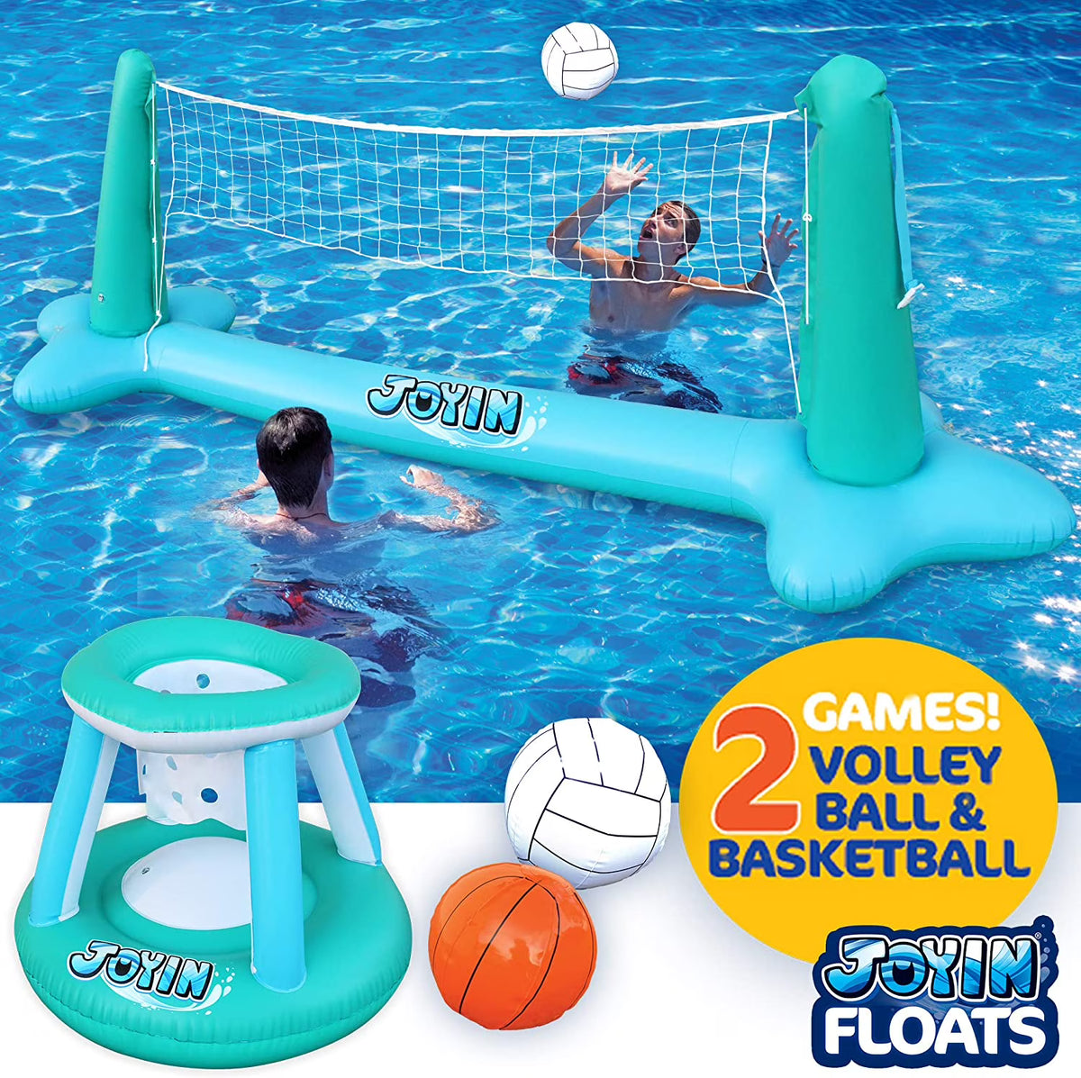 Inflatable Pool Float Set with Volleyball Net & Basketball Hoops Balls I71811