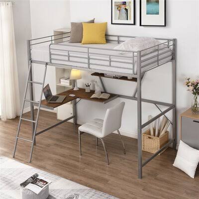 Silver Twin Steel Loft Bed with Built-in-Desk K27557
