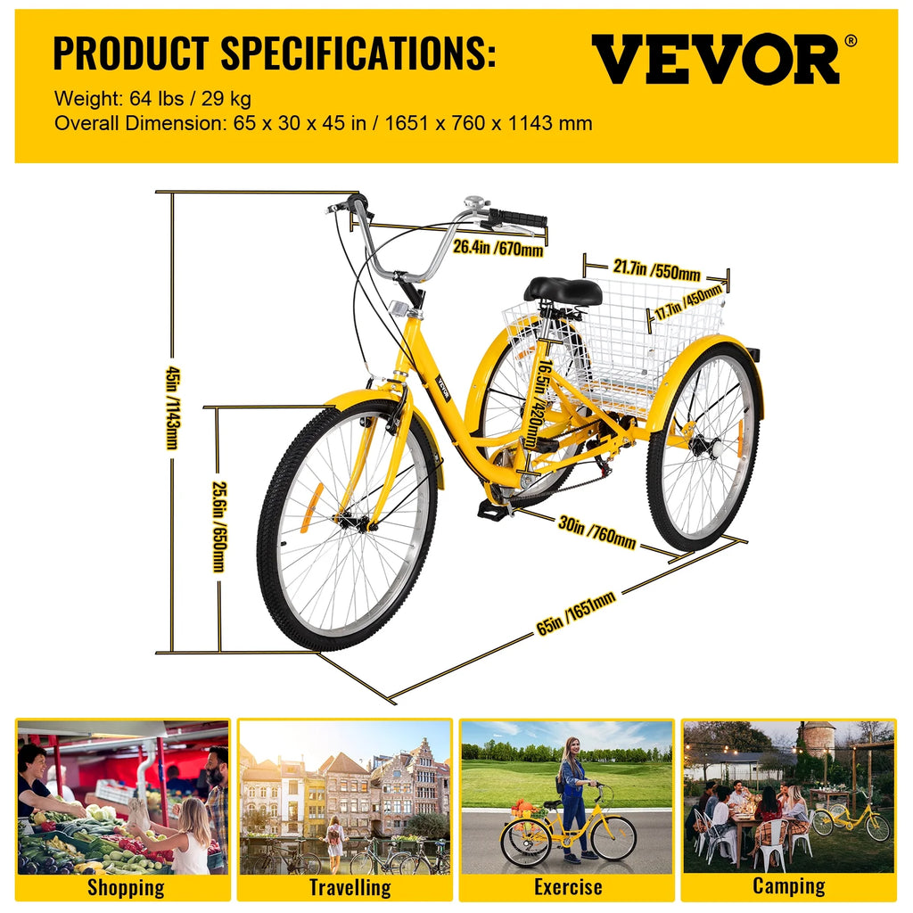 Adult Tricycle 26 inch 7-Speed 3 Wheel Cruiser Bike with Basket P825