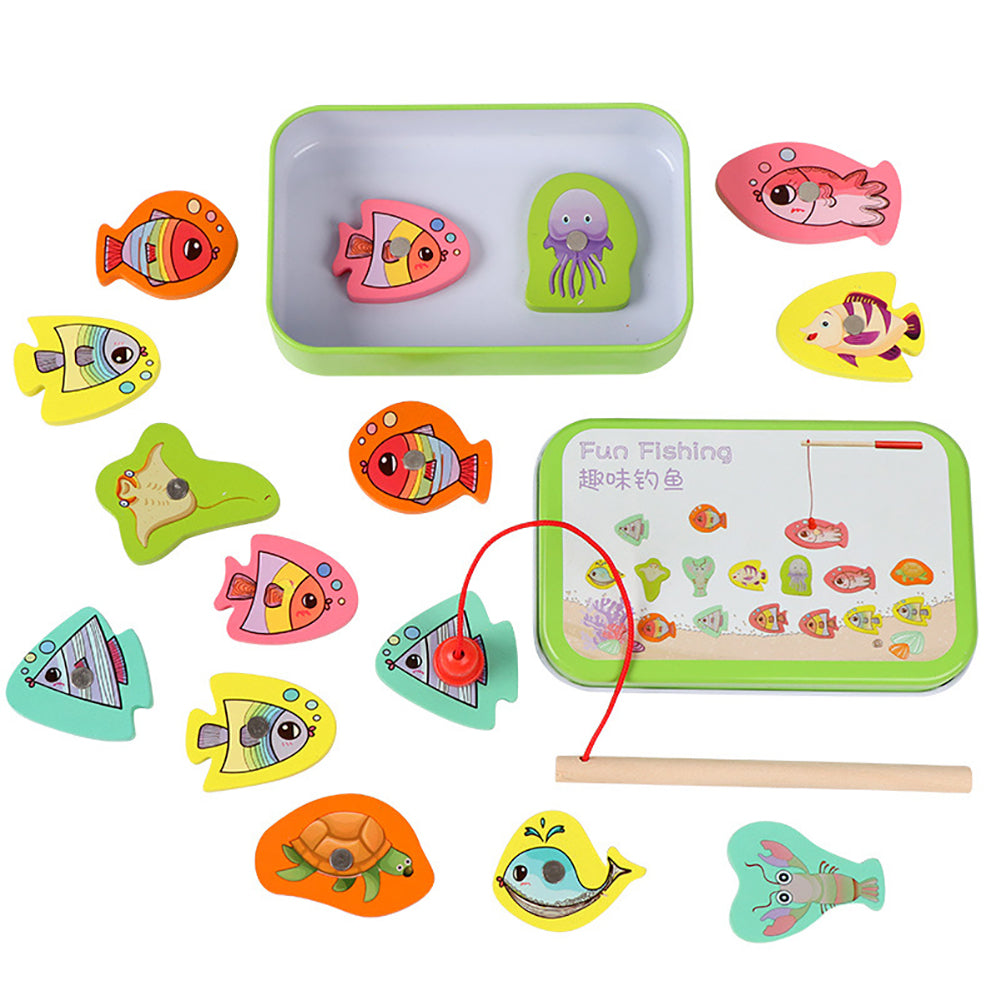 15pcs Wooden Magnetic Fishing Toy with 15 Fish and 1 Rod K5073