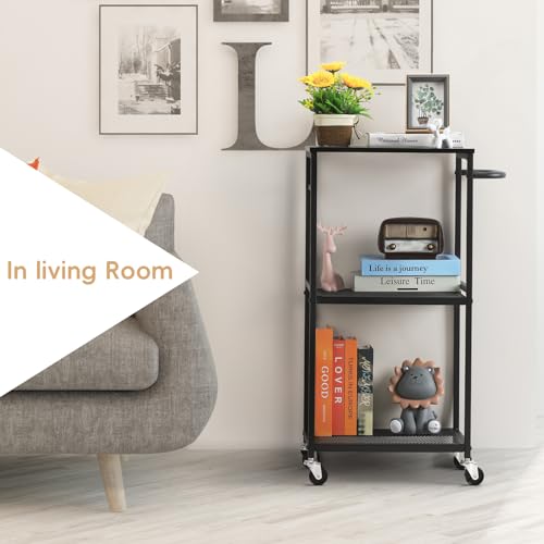 3 Tier Mesh Utility Storage Cart with Wood Look Top and Metal Frame O4260