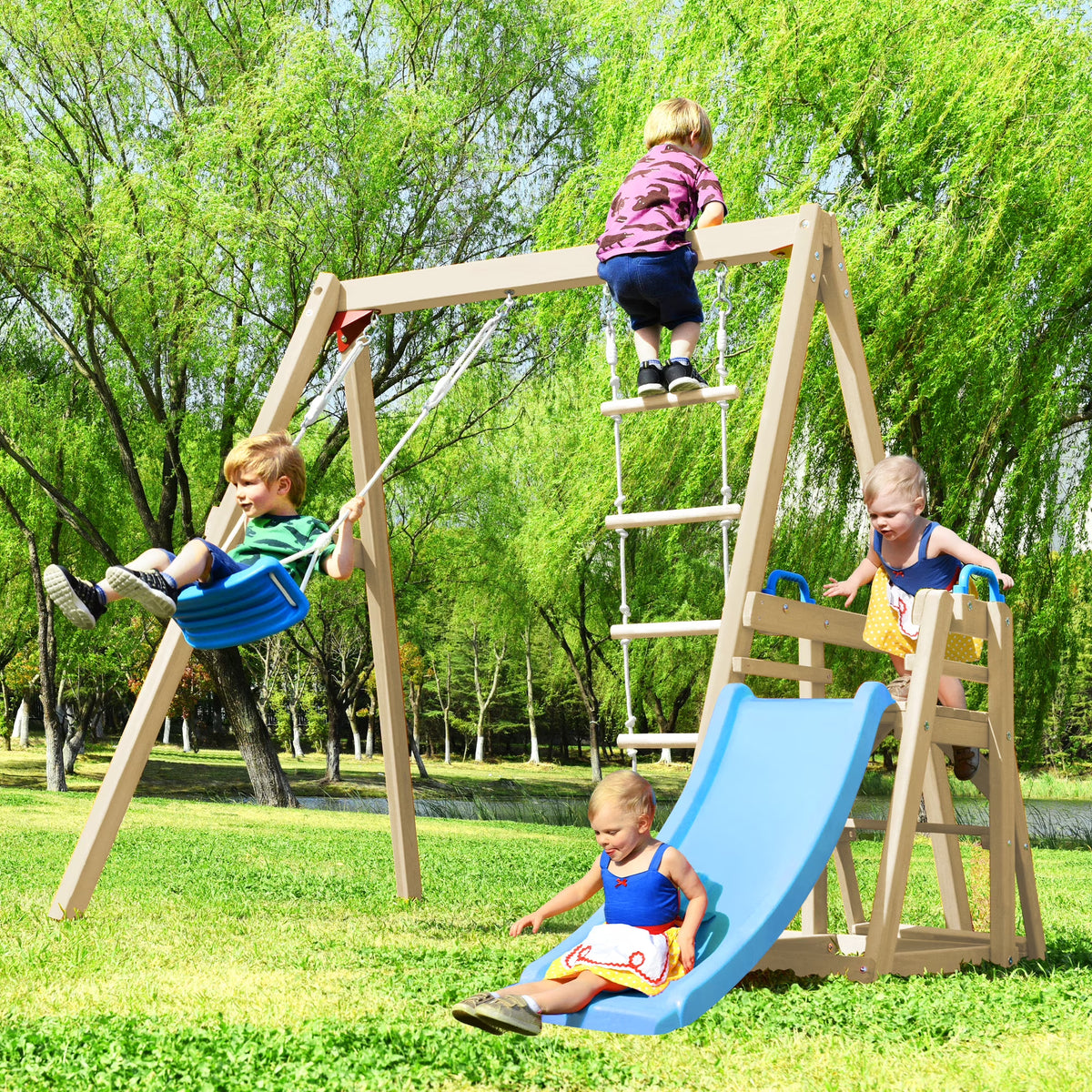 Wooden Swing Set with Slide and Climbing Rope O619