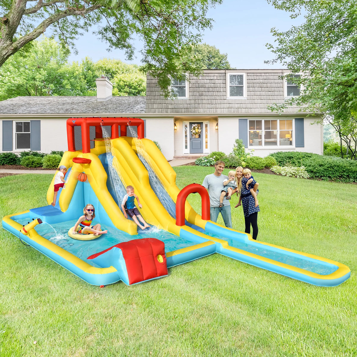 Inflatable Dual Slide Water Park Climbing Bouncer with 735W Blower Q847