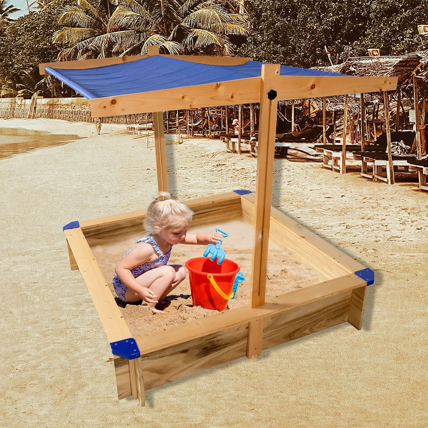 Kids Sandbox with Cover Wooden Outdoor Sandbox with Canopy Black G124898