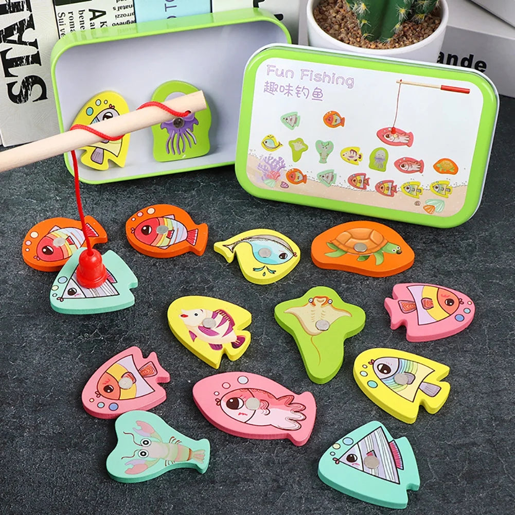 15pcs Wooden Magnetic Fishing Toy with 15 Fish and 1 Rod K5073