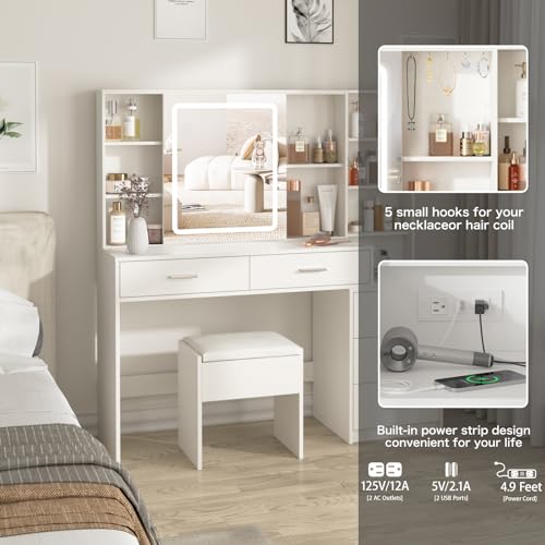 White Vanity Desk with Mirror and Lights 5 Drawers with Chair T159296