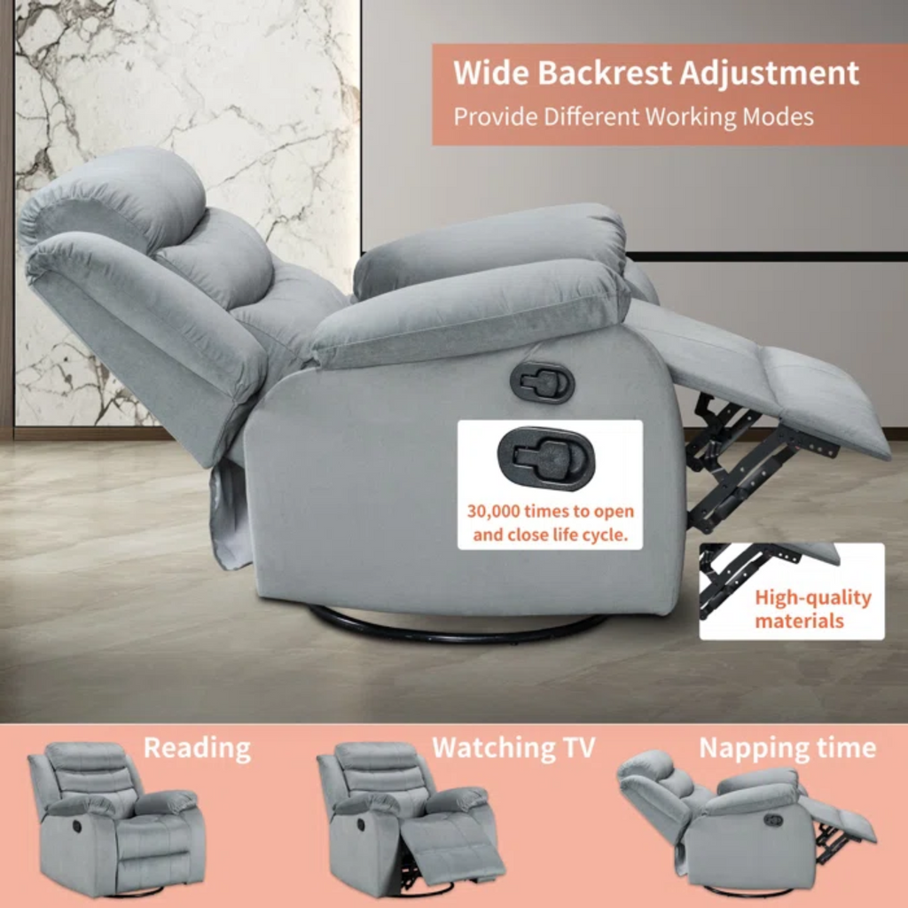 Gray Velvet Swivel Rocking Recliner Chair F129