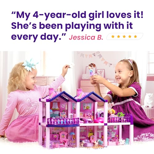 Pink and Purple 5 Room Dollhouse with 4 Princesses, 4 Unicorns, Dog, Furniture and Accessories M457
