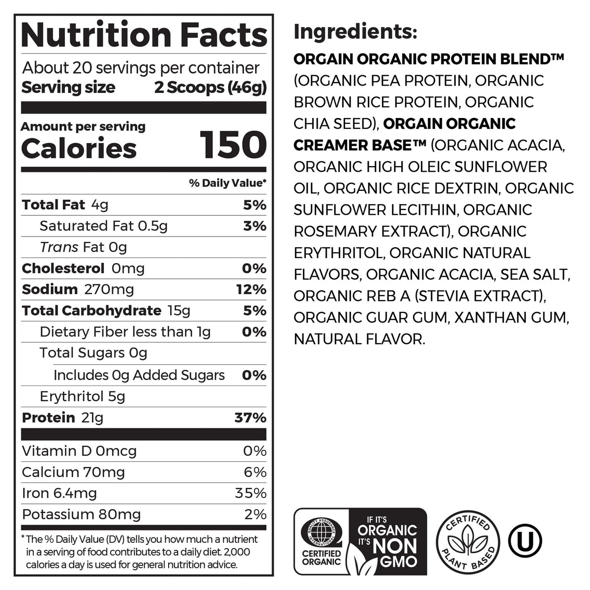 21g Organic Vegan Plant Based Vanilla Bean Protein Powder M52922