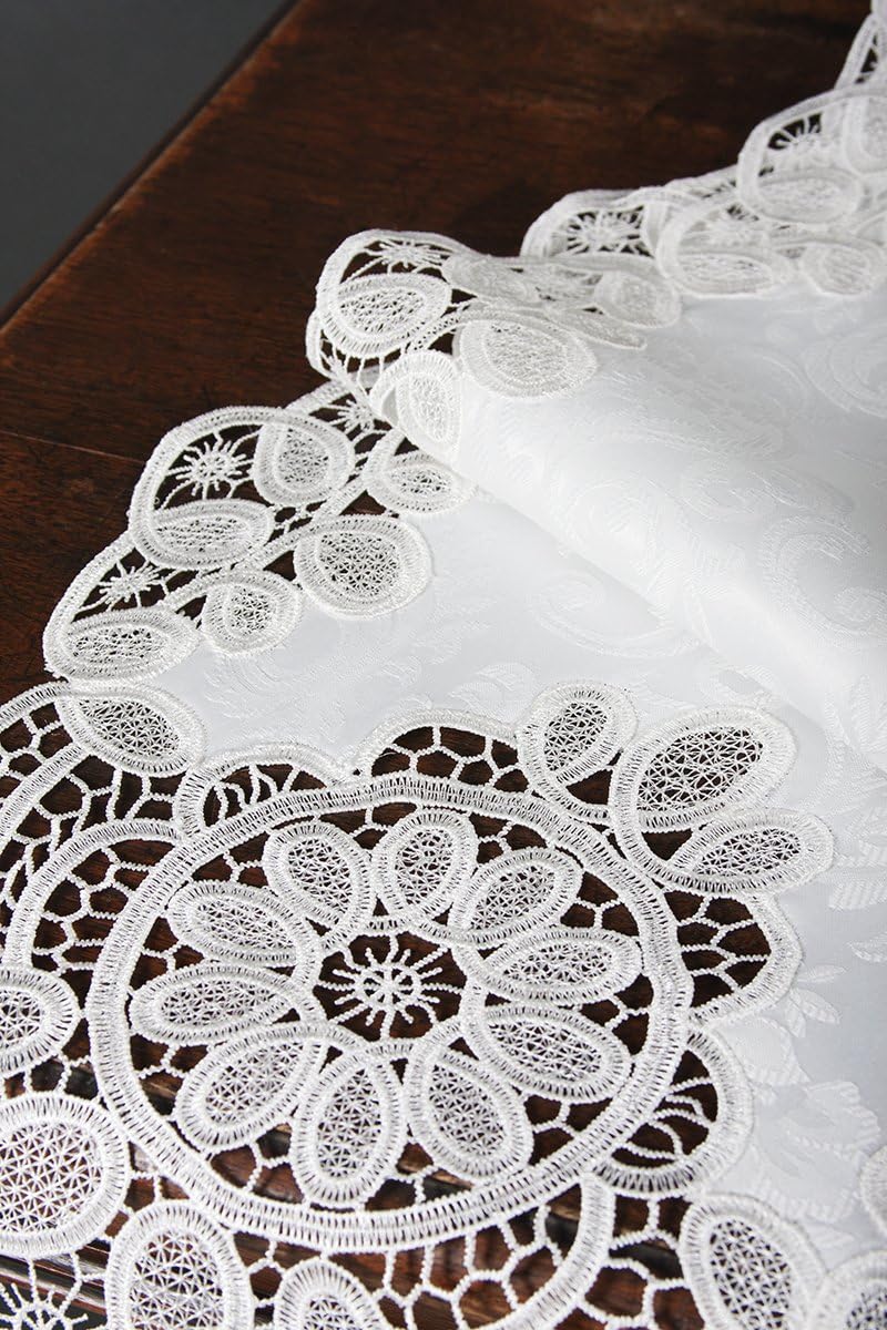 White Lace Embroidered Cutwork Table Runner, 15 by 34-Inch K4139