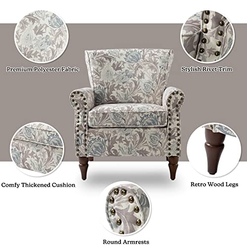 Pink Floral Pattern Wingback Accent Chair with Wood Legs & Removable Cushion F7116