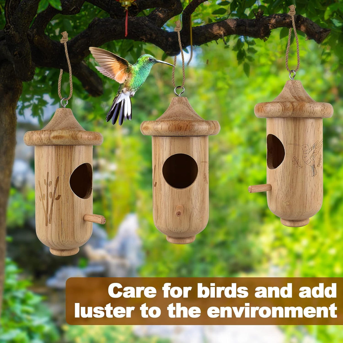 3 Pack Wooden Hummingbird House with Hemp Ropes F436885