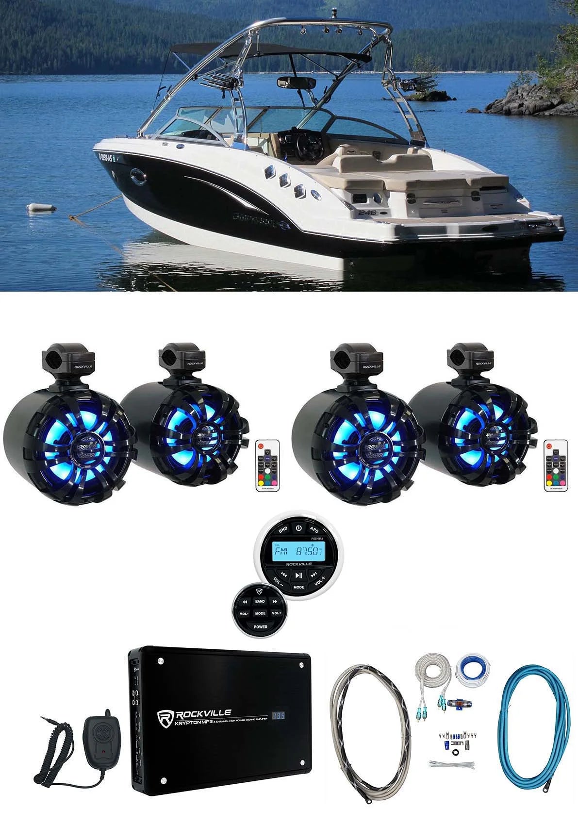 6.5" LED Swivel Black Marine Wakeboard Speakers with Receiver Amp Wires O352