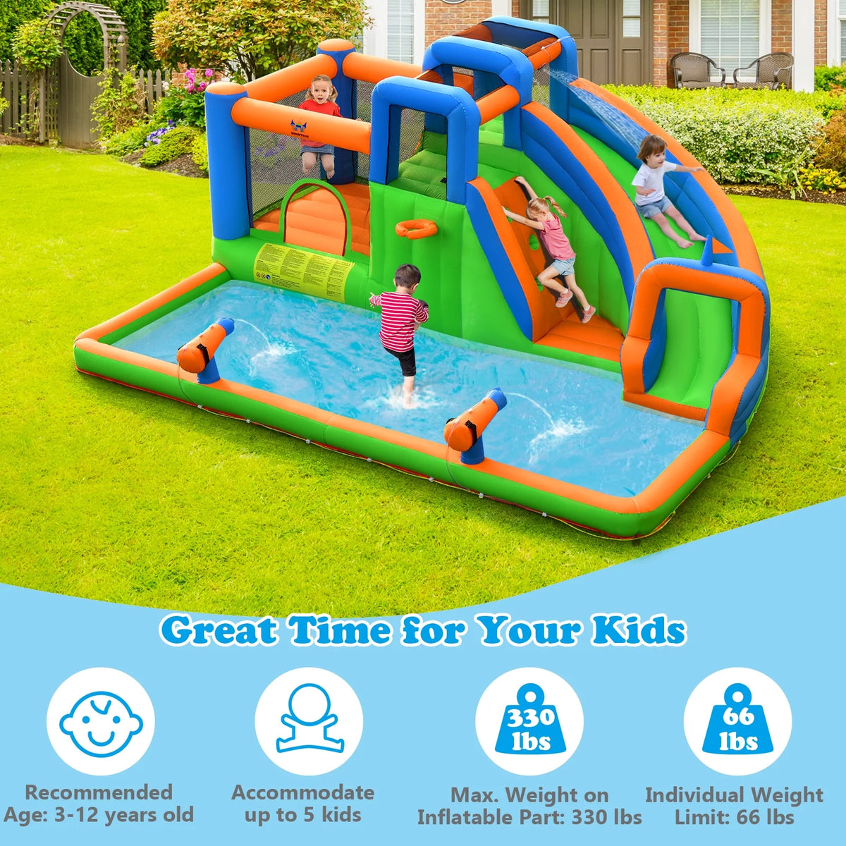 Inflatable Water Slide Bounce Castle with Dual Climbing Walls & 750W Blower U478370