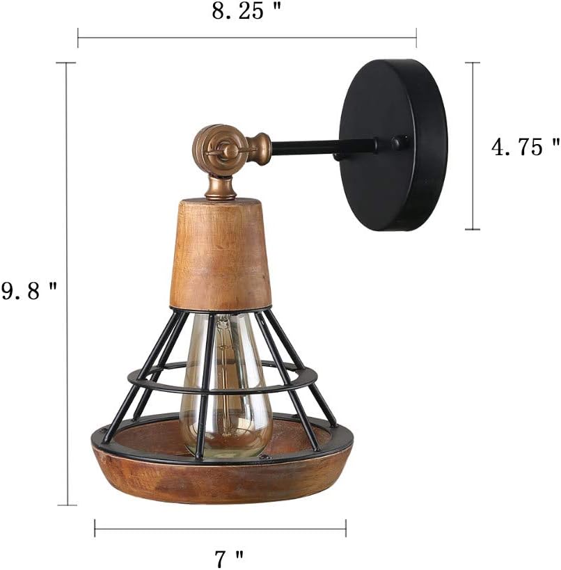 Conical Industrial Wood Wall Sconce with Cage Shade, 1-Light, Brown B790530