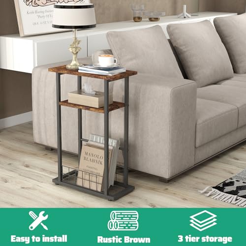 3-Tier Narrow End Table with Magazine Holder Rustic Brown N7326
