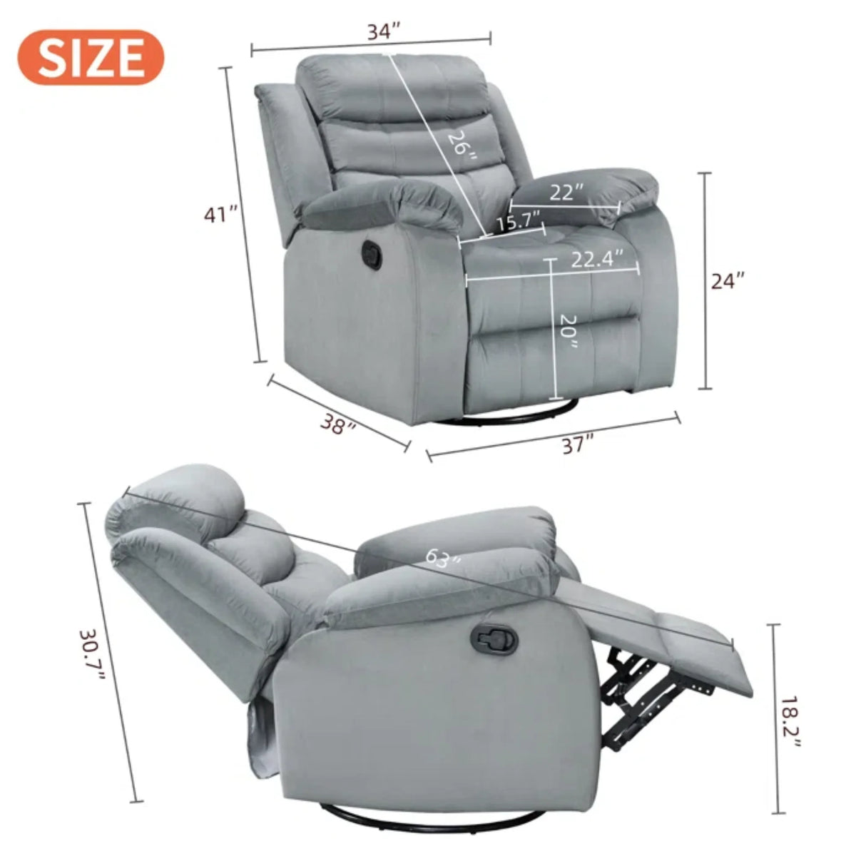 Gray Velvet Swivel Rocking Recliner Chair F129