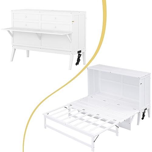 White Queen Size Wood Murphy Bed with Bookcase H73978