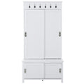 White Wooden Hall Tree with Sliding Doors and Storage Bench J666057