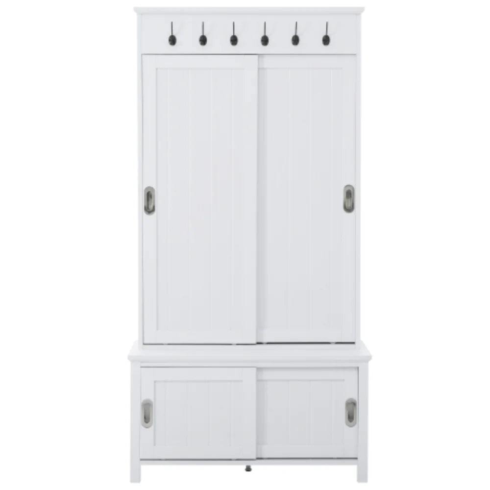 White Wooden Hall Tree with Sliding Doors and Storage Bench J666057