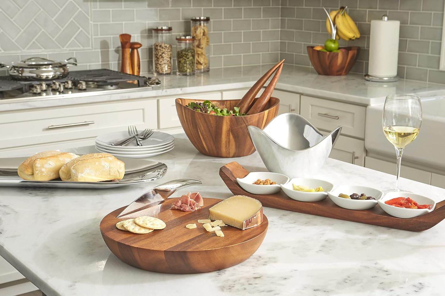 3 Piece Acacia Wood and Glass Condiment Server E778
