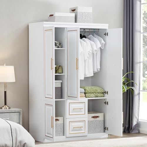 White Wood Storage Closet with Doors and Hanging Rod G2507
