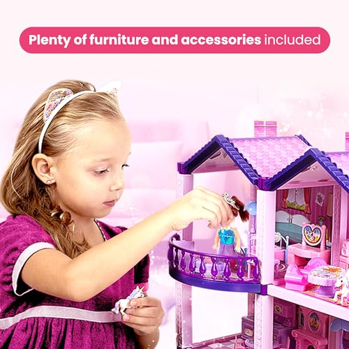 Pink and Purple 5 Room Dollhouse with 4 Princesses, 4 Unicorns, Dog, Furniture and Accessories M457
