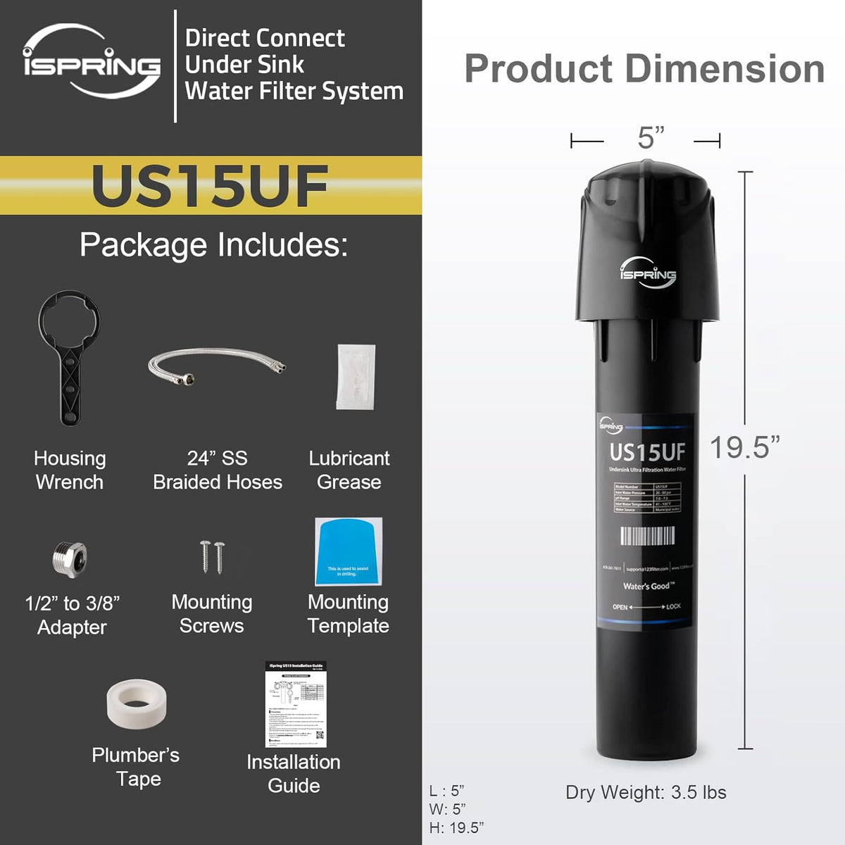 0.01μm Under Sink Water Filter System, 15K Gal, Black O387245