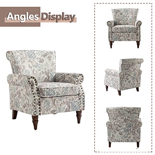Pink Floral Pattern Wingback Accent Chair with Wood Legs & Removable Cushion F7116