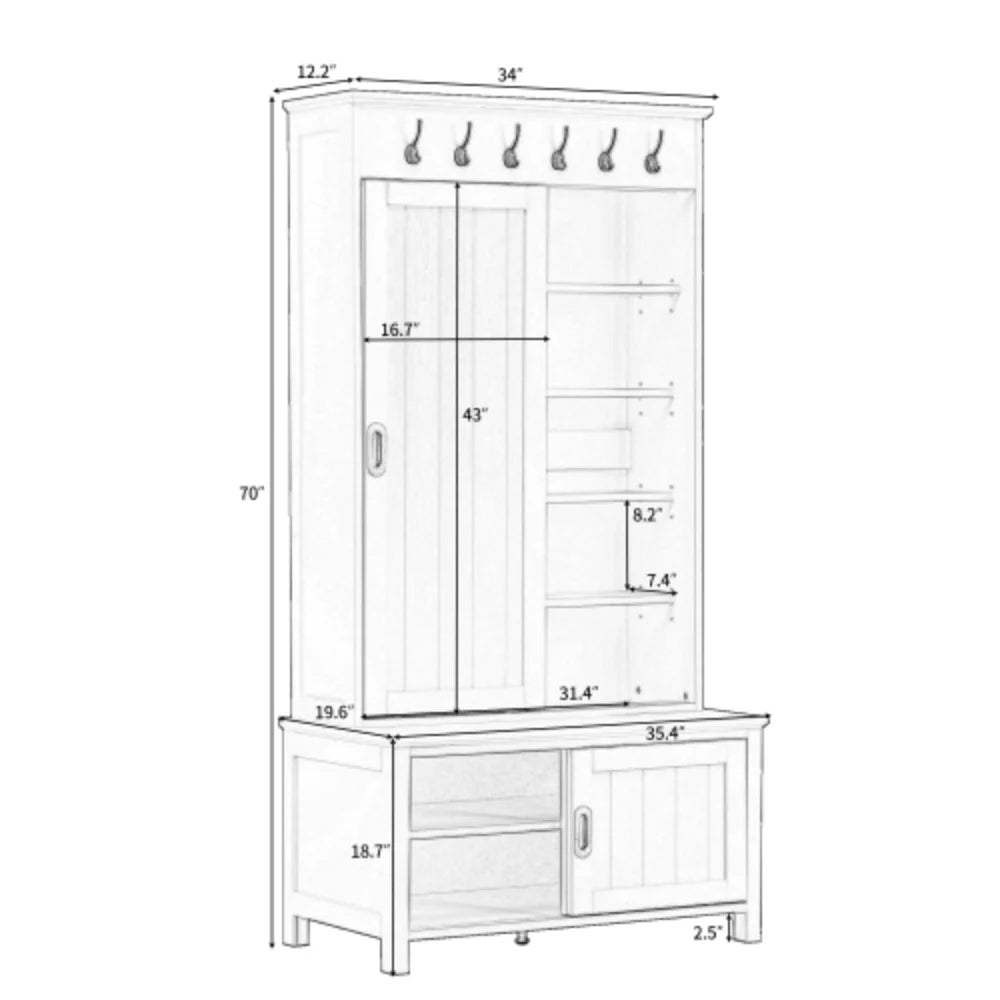 White Wooden Hall Tree with Sliding Doors and Storage Bench J666057