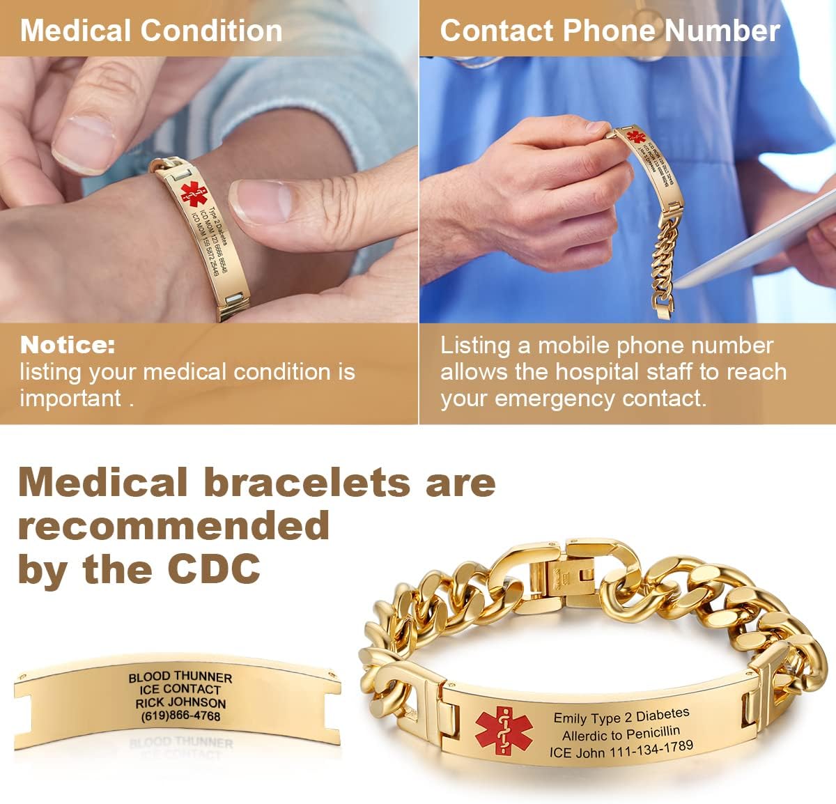 Stainless Steel Medical ID Bracelets for 8.5 Inches M273