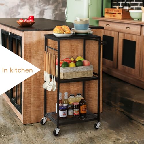 3 Tier Mesh Utility Storage Cart with Wood Look Top and Metal Frame O4260