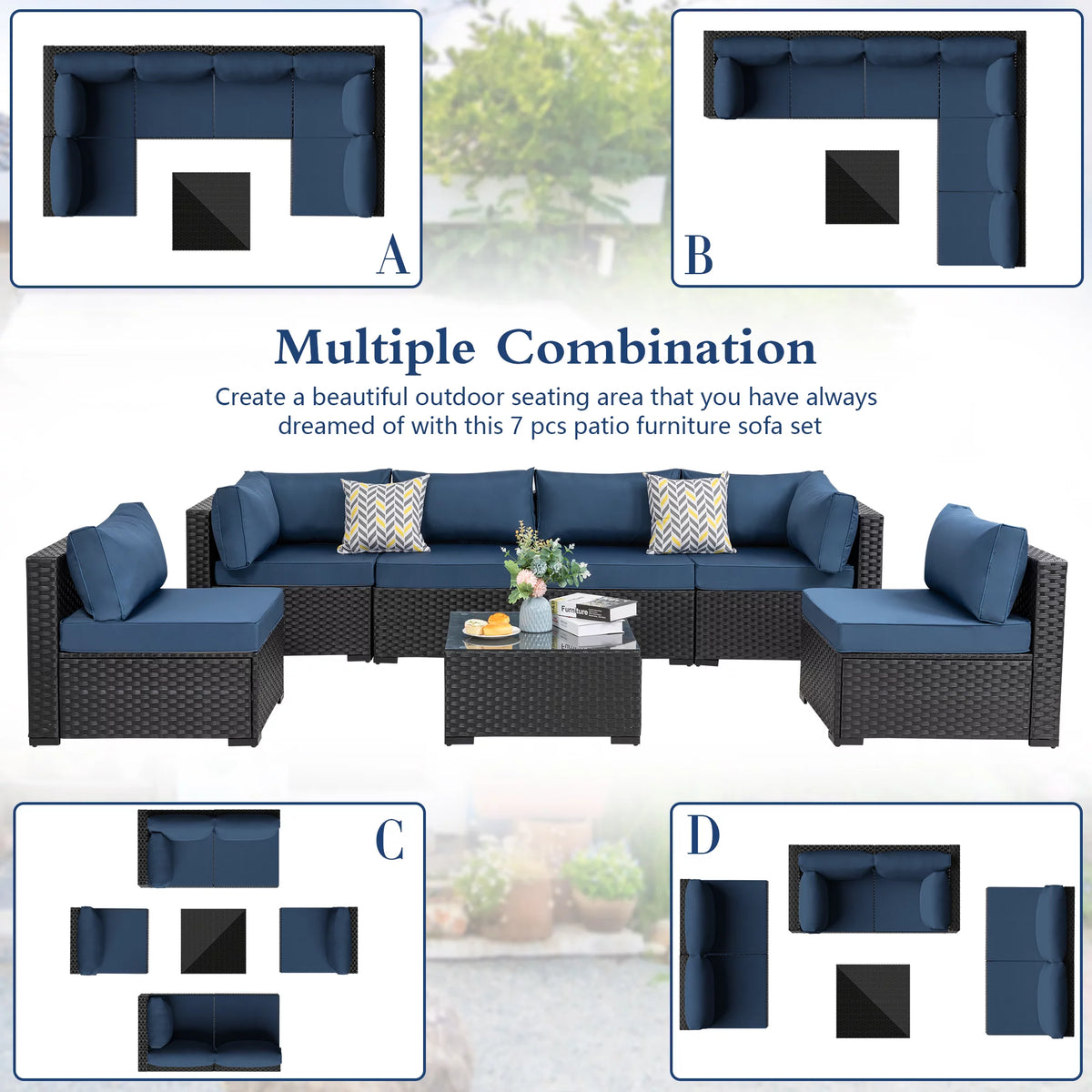 7 Pieces All-Weather Rattan Sectional Sofa with Tea Table Aegean Blue A5214