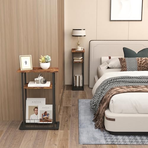3-Tier Narrow End Table with Magazine Holder Rustic Brown N7326