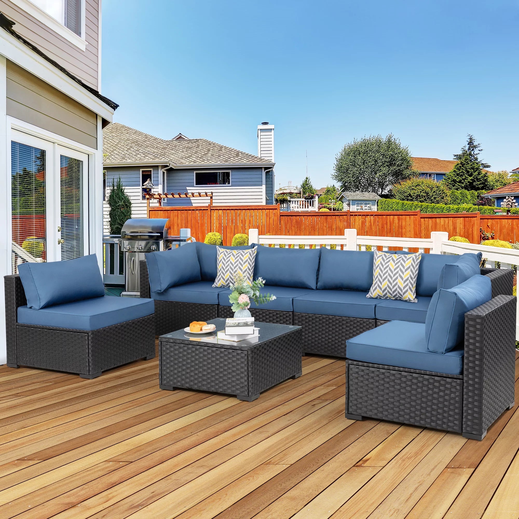 7 Pieces All-Weather Rattan Sectional Sofa with Tea Table Aegean Blue A5214
