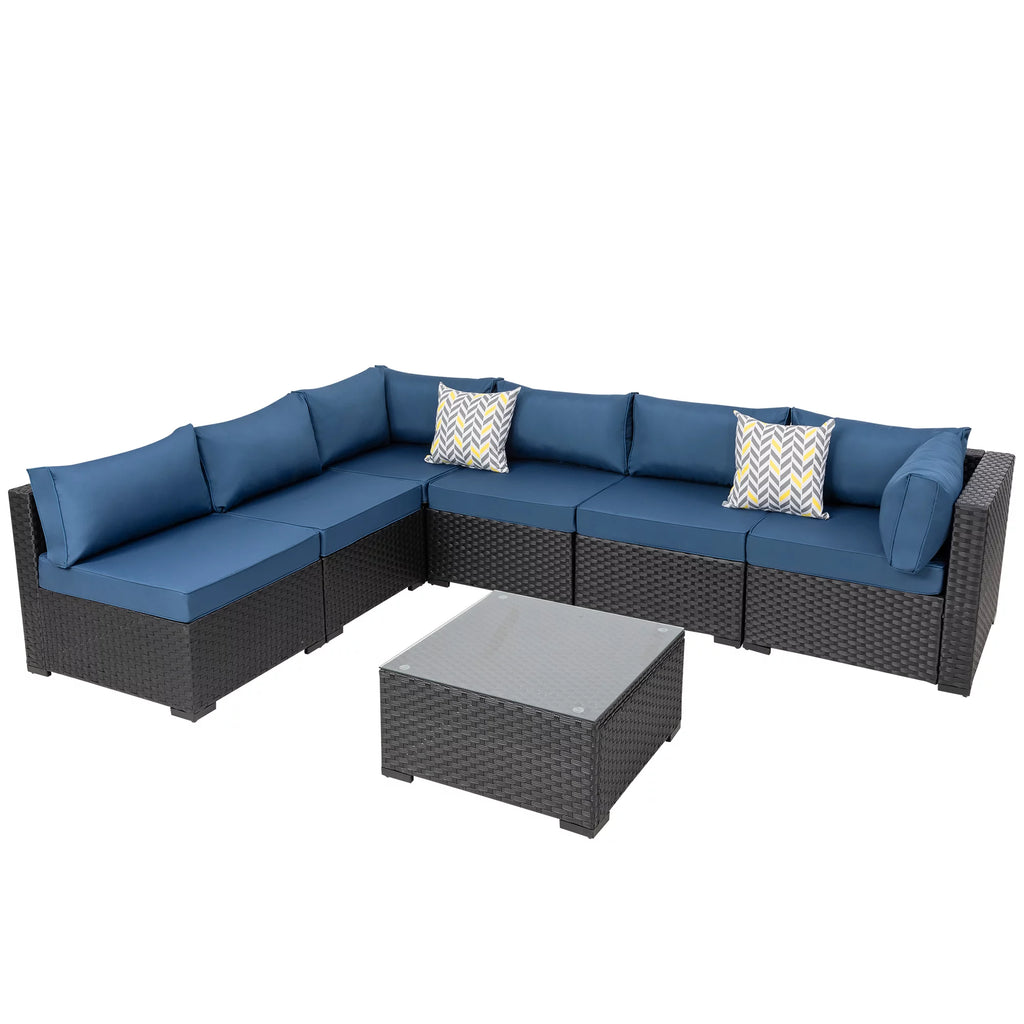 7 Pieces All-Weather Rattan Sectional Sofa with Tea Table Aegean Blue A5214