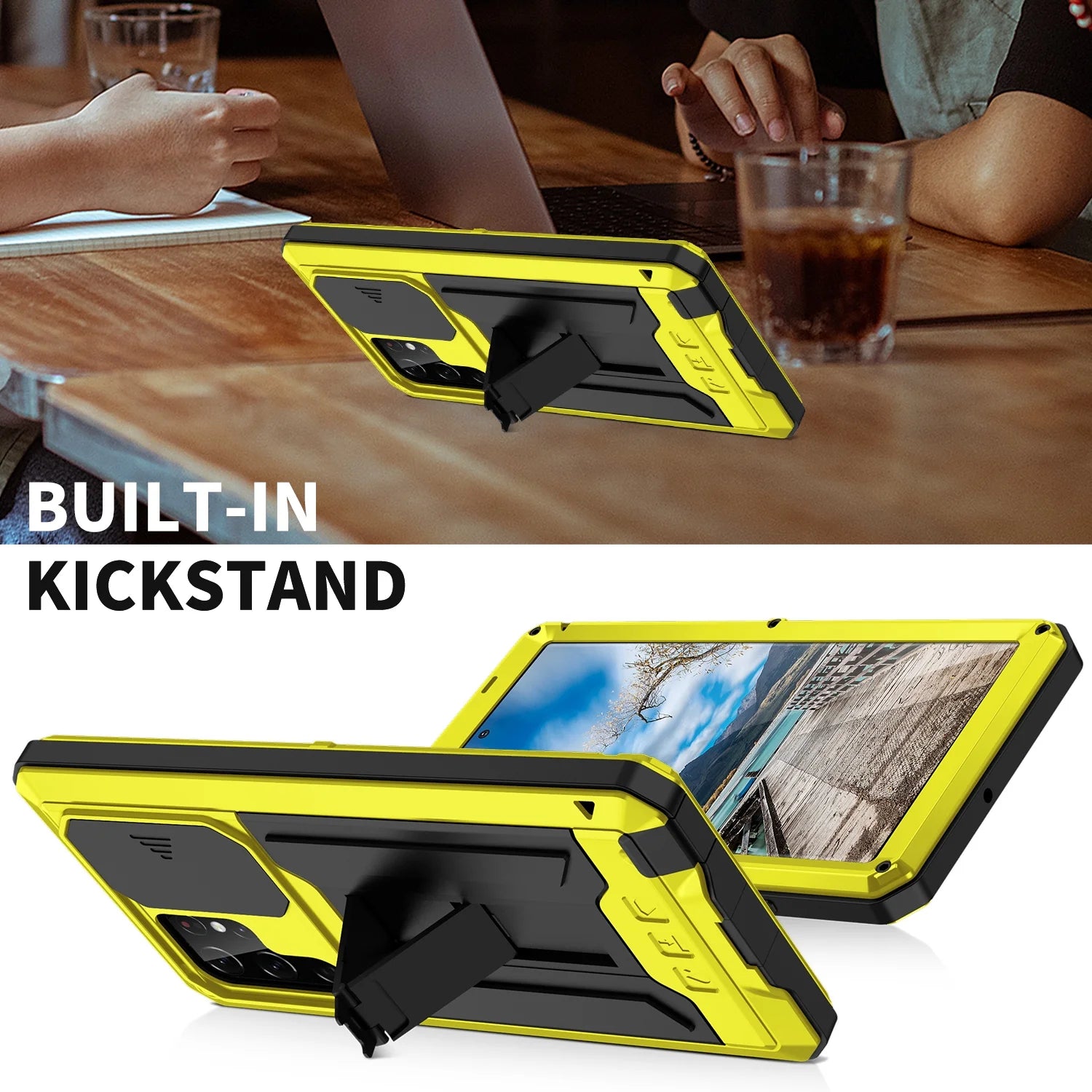 Yellow Hard PC TPU Waterproof Case with Built-in Glass Screen Protector and Kickstand for Galaxy S22 Ultra 5G W5501