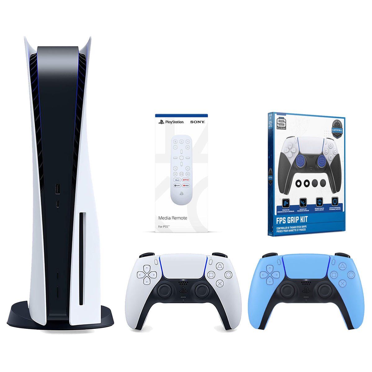 Playstation 5 Disc Version Console with Blue Controller, Media Remote and Surge FPS Grip Kit R4659