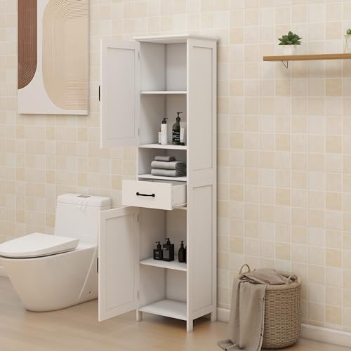 Tall Bathroom Storage Cabinet with Open Shelves and Drawer A3285