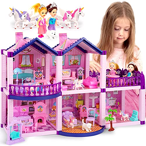 Pink and Purple 5 Room Dollhouse with 4 Princesses, 4 Unicorns, Dog, Furniture and Accessories M457