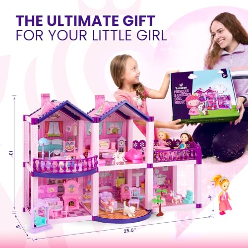 Pink and Purple 5 Room Dollhouse with 4 Princesses, 4 Unicorns, Dog, Furniture and Accessories M457