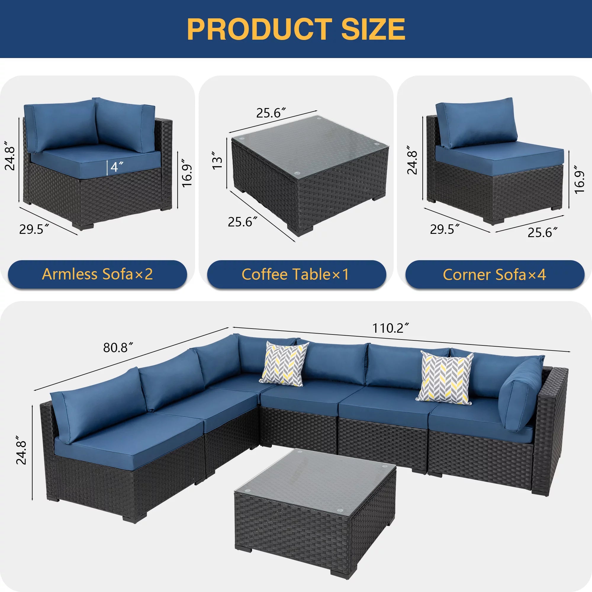 7 Pieces All-Weather Rattan Sectional Sofa with Tea Table Aegean Blue A5214